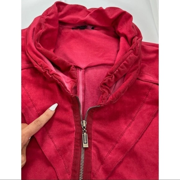 Yest Womens Sz 16 Red Ruched Ruffled Full Zip Jacket Tiered Grunge Marbled Chic - Picture 3 of 12